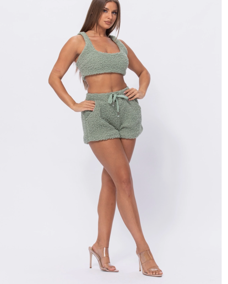 Wild Cat Sage Green shearling tank top and short set